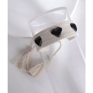 Black and White Heart Embroidered Woven Tassel Bracelet